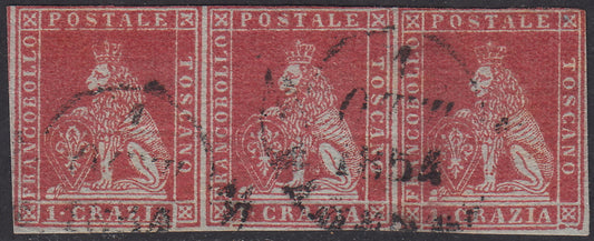 PV2043 - 1851 - Leone di Marzocco, 1 crazia carminio su carta grigia e filigrana corona, striscia di tre esemplari usata (4d).