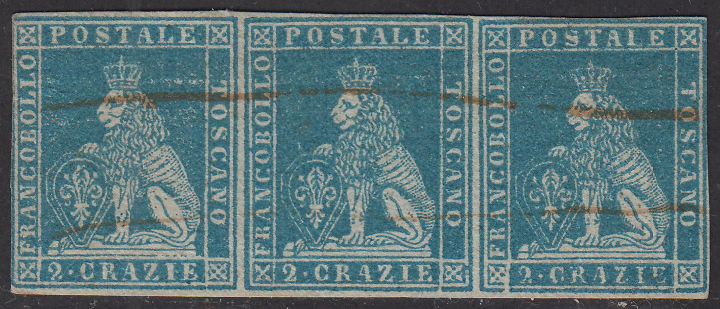 PV2067 - 1851 - Leone di Marzocco, 2 crazie azzurro chiaro su carta grigia e filigrana corona, striscia di tre esemplari usata (5).