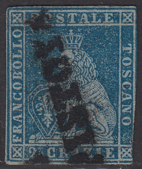 Tos146 - 1851 - Leone di Marzocco, 9 purplish brown crazie on gray paper and crown watermark used with red cancellation (8).