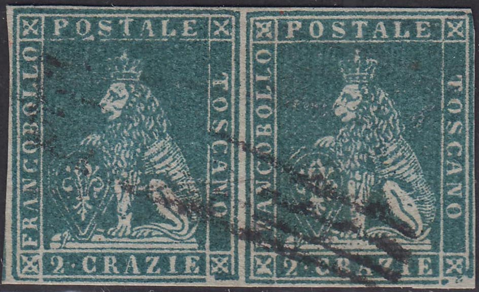 21_211 - 1851 - Leone di Marzocco, 2 crazie verde azzurro su carta grigia e filigrana corona, coppia orizzontale usata, di grandissima qualità, con a verso la filigrana corona nitidissima (5f).