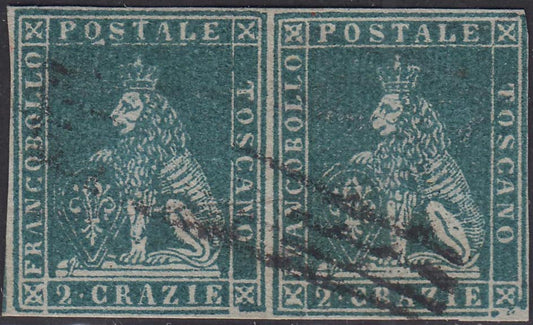 21_211 - 1851 - Leone di Marzocco, 2 crazie verde azzurro su carta grigia e filigrana corona, coppia orizzontale usata, di grandissima qualità, con a verso la filigrana corona nitidissima (5f).