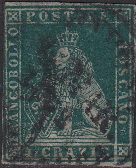 PV1610 - 1851 - Leone di Marzocco, 4 crazie verde azzurro su carta azzurra e filigrana corona usato (6a).