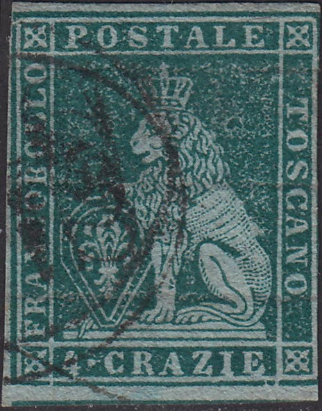 F17_182 - 1851 - Leone di Marzocco, 4 crazie verde scuro su carta azzurra e filigrana corona usato (6b).