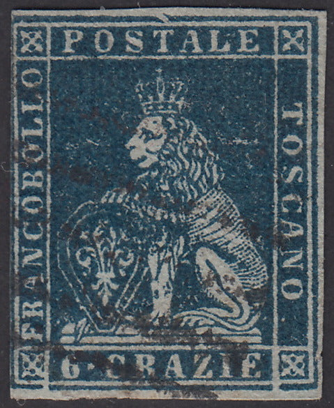 Tos146 - 1851 - Leone di Marzocco, 9 purplish brown crazie on gray paper and crown watermark used with red cancellation (8).