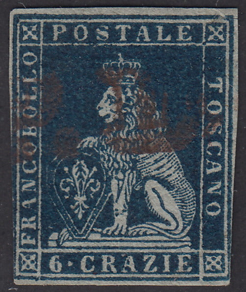 Tos146 - 1851 - Leone di Marzocco, 9 purplish brown crazie on gray paper and crown watermark used with red cancellation (8).