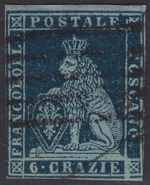 PV1645 - 1851 - Leone di Marzocco, 6 crazie azzurro violaceo su carta azzurra e filigrana corona usato (7b).