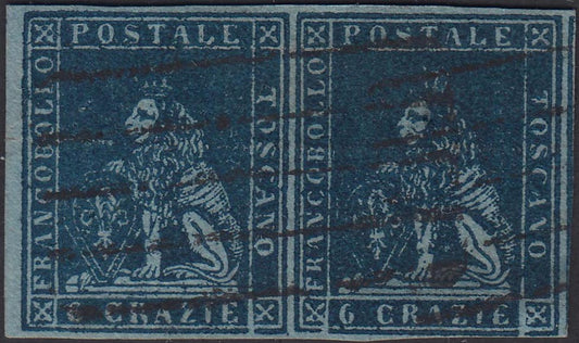 21_219 - 1851 - Leone di Marzocco, 6 crazie azzurro scuro su carta azzurra e filigrana corona coppia orizzontale usata, (7c).