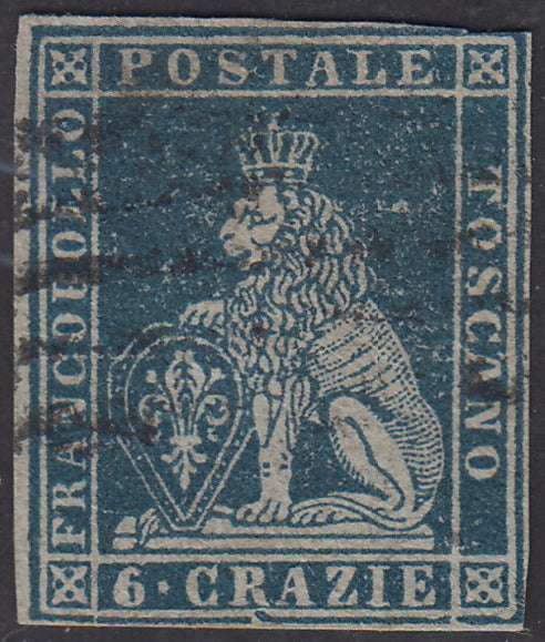 PV1664 - 1851 - Leone di Marzocco, 6 crazie indaco su carta grigia e filigrana corona usato (7e).