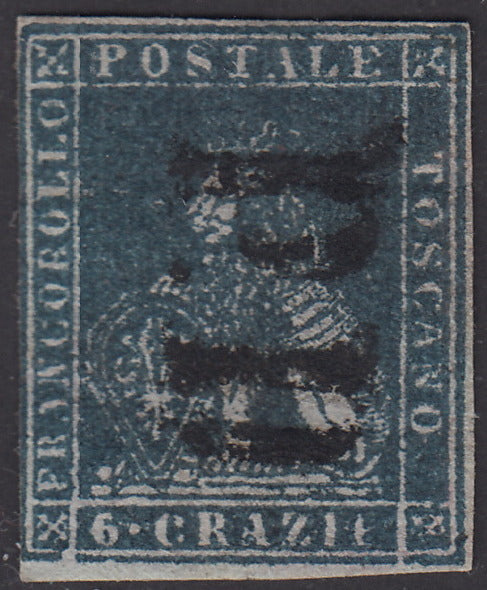 PV1678 - 1851 - Leone di Marzocco, 6 crazie grigio scuro su carta grigia e filigrana corona usato (7f).