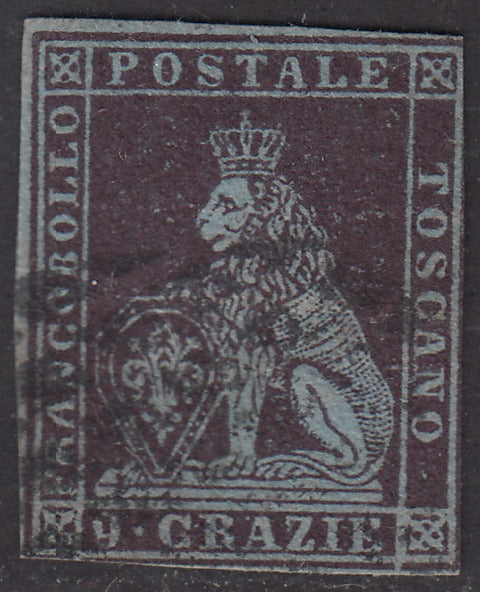 PP1688 - 1851 - Leone di Marzocco, 9 crazie viola brunastro scurissimo su carta azzurra e filigrana corona usato (8a).