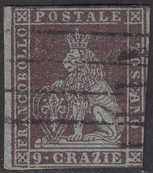 Tos146 - 1851 - Leone di Marzocco, 9 purplish brown crazie on gray paper and crown watermark used with red cancellation (8).