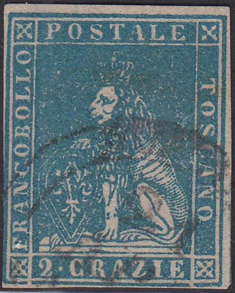 1857 - Leone di Marzocco, 2 crazie azzurro su carta bianca e filigrana linee ondulate usato (13).