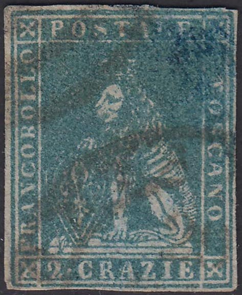 21-225 - 1857 - Leone di Marzocco, 2 crazie azzurro grigio verdastro su carta bianca e filigrana linee ondulate usato (13a).