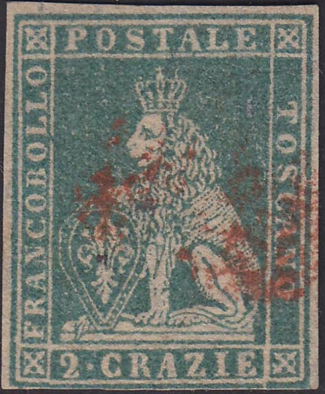 21-226 - 1857 - Leone di Marzocco, 2 crazie verde grigio giallastro su carta bianca e filigrana linee ondulate usato (13b).