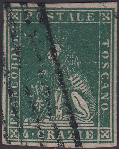 Tos146 - 1851 - Leone di Marzocco, 9 purplish brown crazie on gray paper and crown watermark used with red cancellation (8).