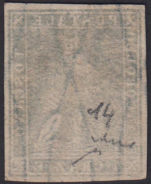 Tos146 - 1851 - Leone di Marzocco, 9 purplish brown crazie on gray paper and crown watermark used with red cancellation (8).