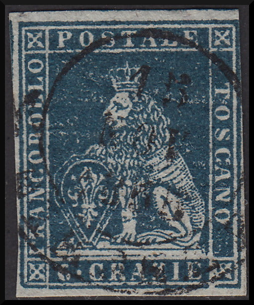 Tos146 - 1851 - Leone di Marzocco, 9 purplish brown crazie on gray paper and crown watermark used with red cancellation (8).