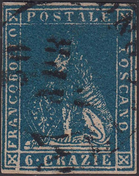 21-232 - 1857 - Leone di Marzocco, 6 crazie azzurro vivo su carta bianca e filigrana linee ondulate usato (15a).