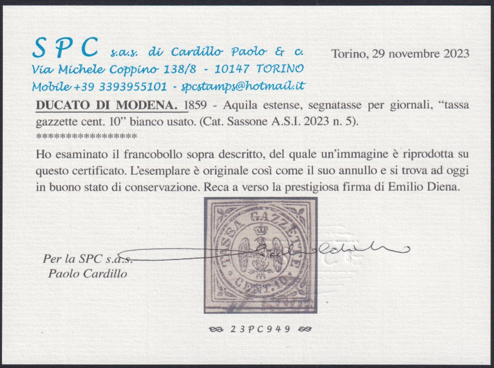 F17_39 - 1859 - Tassa Gazzette Cent. 10 "Aquilotto" nero usato con annullo originale (5).