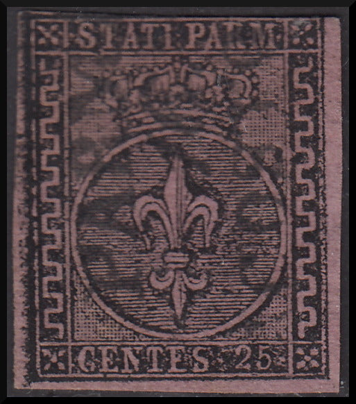 PPP994 - 1852 - Giglio Borbonico sormontato da corona ducale, I emissione c. 25 violetto usato, trasparenza (4).