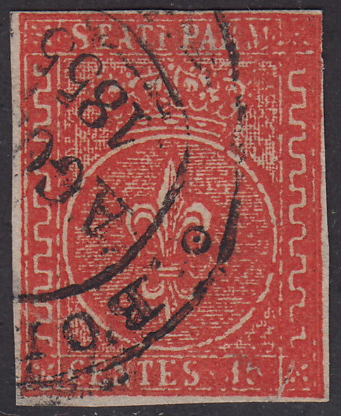 PV1096 - 1853 - Giglio Borbonico sormontato da corona ducale, II emissione c. 15 rosso vermiglio usato Borgotaro, (7a).