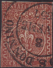 EC16_300 - 1855 - Giglio Borbonico sormontato da corona ducale, II emissione c. 25 bruno rosso scuro con il "2" di "25" completamente ricoperto dal colore, usato (8ga).