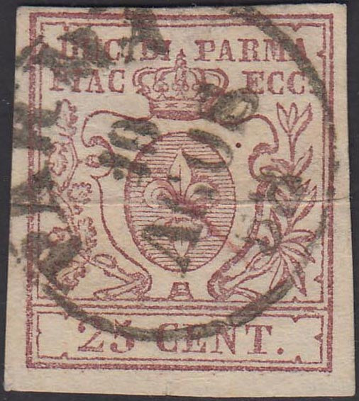 16-505 - 1857 - Giglio Borbonico sormontato da corona ducale, III emissione c. 25 bruno lilla usato (10).