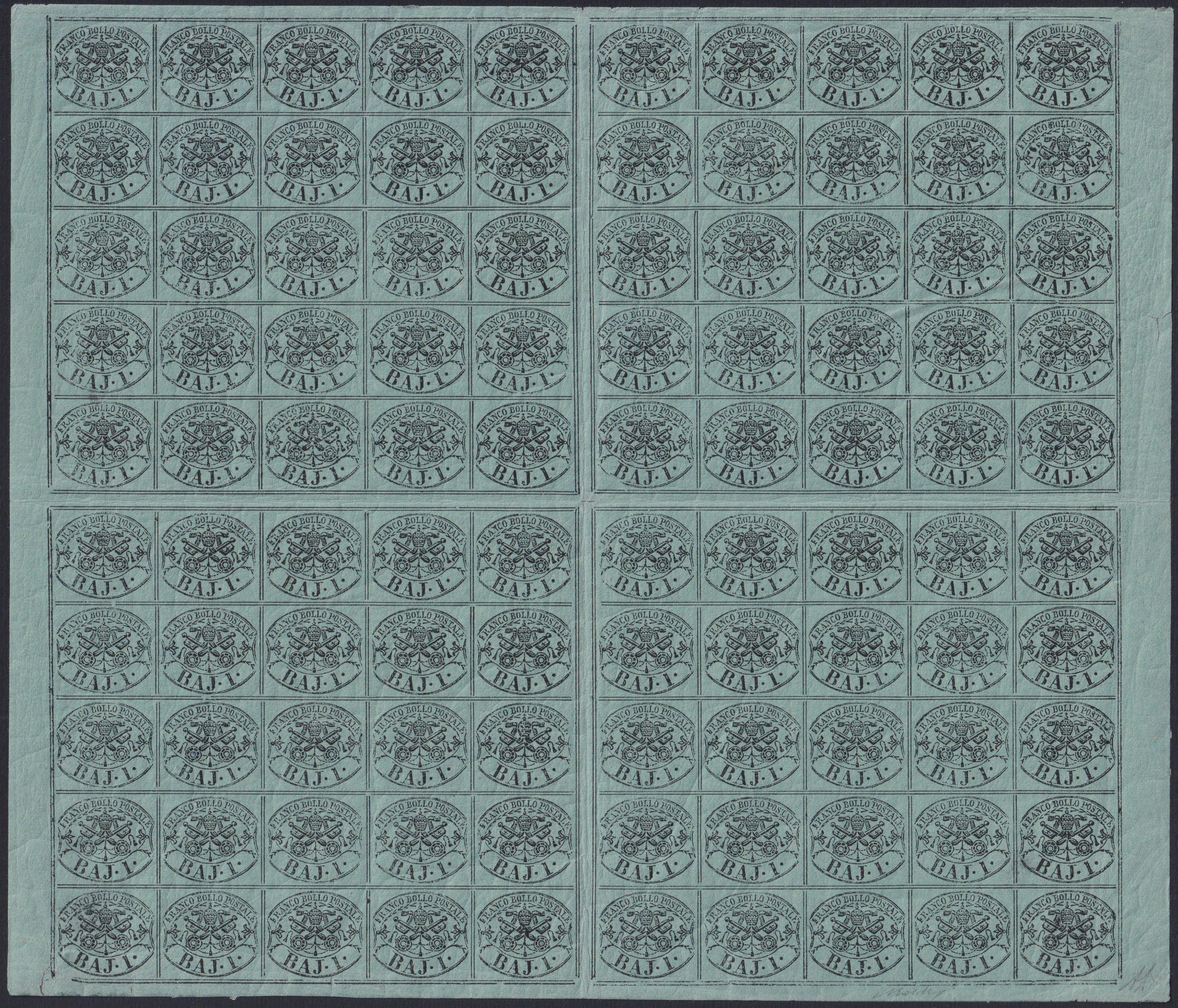 F17-81 - 1864 - Stato Pontificio I emissione b. 1 verde scuro II composizione, foglio completo di 100 esemplari nuovo integro (2B)