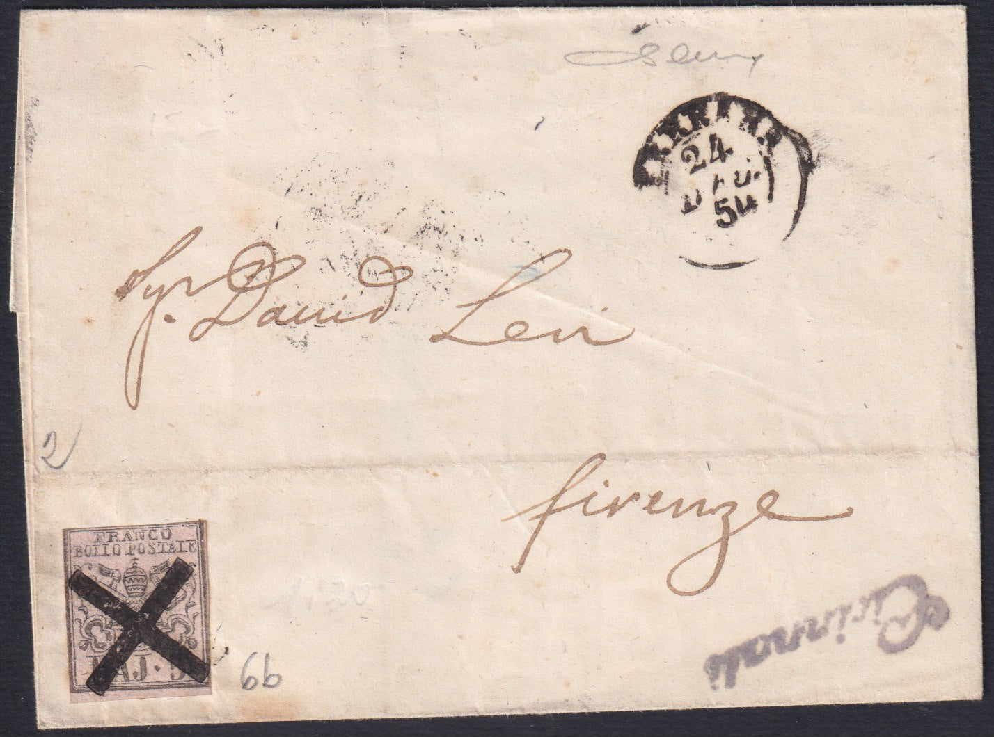 F17-87 1854 - Lettera spedita da Ferrara a Perugia 24/12/54 affrancata con 5 baj rosa inchiostro grigio-oleoso usato con il muto a croce della località di partenza. (6b)