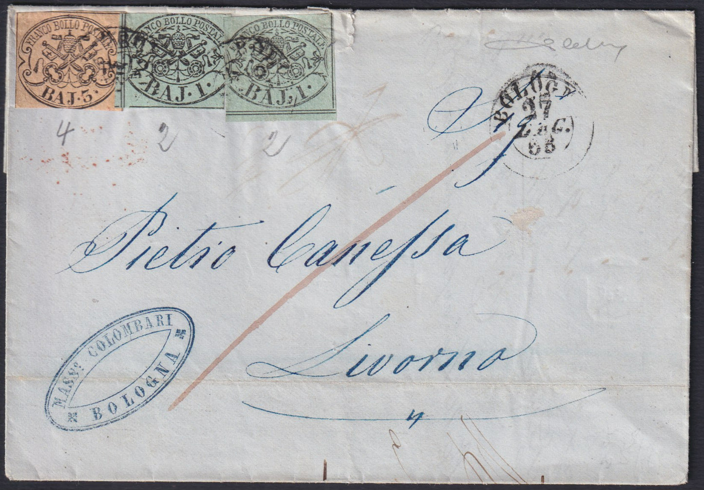 F17-88 - 1853 - Lettera affrancata con 1 baj verde grigio due esemplari + 3 baj bistro arancio, da Bologna per Livorno 27/12/53, già attiva la tariffa di II distanza di lega Italo-austriaca; combinazione inconsueta (2 + 2 + 4).