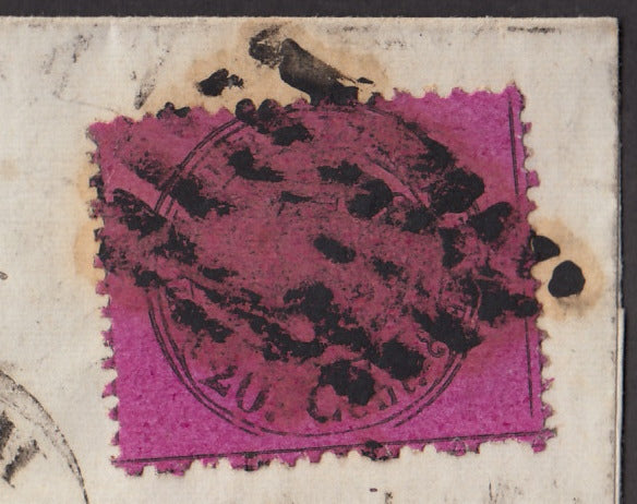 F17_91 1868 - Lettera spedita da Roma per Pesaro 20/4/1870 affrancata con III emissione c. 20 violetto rosso su carta lucida e proveniente da fogli da 120 esemplari (28h)