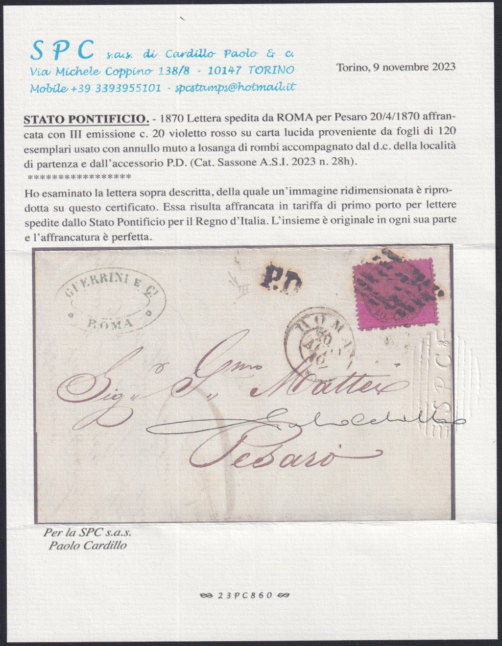 F17_91 1868 - Lettera spedita da Roma per Pesaro 20/4/1870 affrancata con III emissione c. 20 violetto rosso su carta lucida e proveniente da fogli da 120 esemplari (28h)