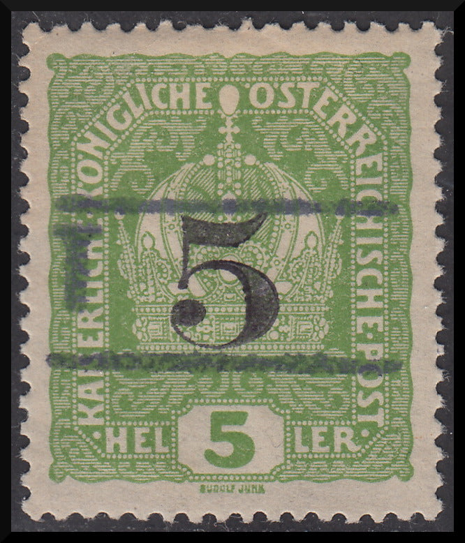 BZ12 - 1918/19 - Trentino Alto Adige, ufficio di Bolzano 3, francobollo d'Austria da 5 heller verde giallo con soprastampa "T + cifra di corpo più grande tra due righe", nuovo (BZ3/1)