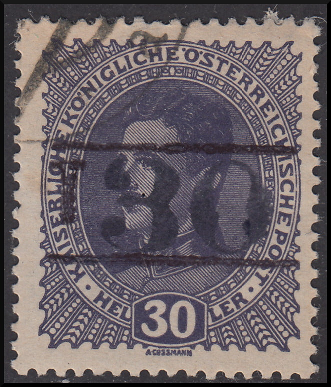 BZ17 - 1918/19 - Trentino Alto Adige, Bolzano office 3, 30 heller violet gray Austrian stamp with overprint "T + larger body digit between two lines", used (BZ3/6)