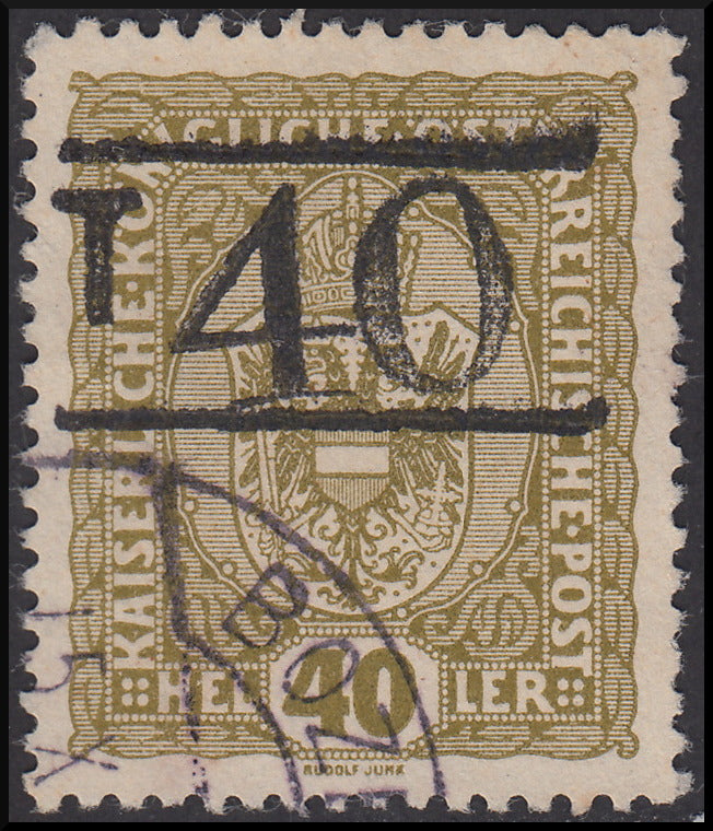 BZ18 - 1918/19 - Trentino Alto Adige, ufficio di Bolzano 3, francobollo d'Austria da 40 heller oliva con soprastampa "T + cifra di corpo più grande tra due righe", usato (BZ3/7)