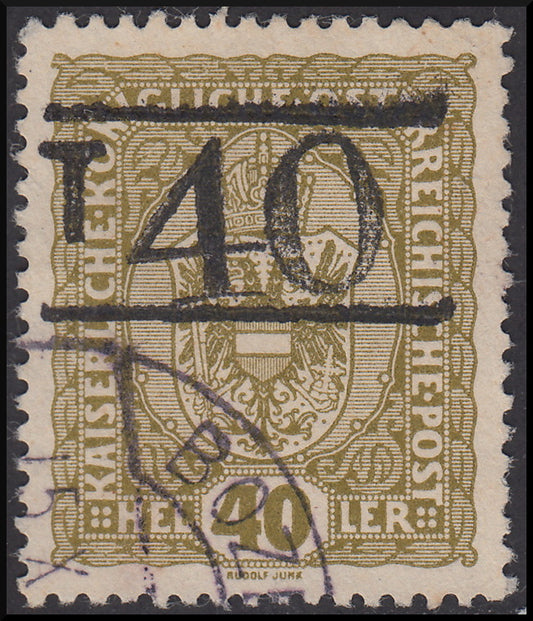 BZ20 - 1918/19 - Trentino Alto Adige, ufficio di Bolzano 3, francobollo d'Austria da 40 heller oliva con soprastampa "T + cifra di corpo più grande tra due righe", usato (BZ3/7)