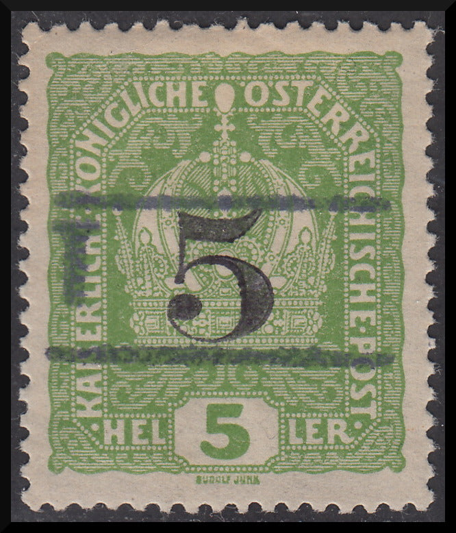 BZ12 - 1918/19 - Trentino Alto Adige, Bolzano office 3, 5 heller green yellow Austrian stamp with overprint "T + larger body digit between two lines", new (BZ3/1)