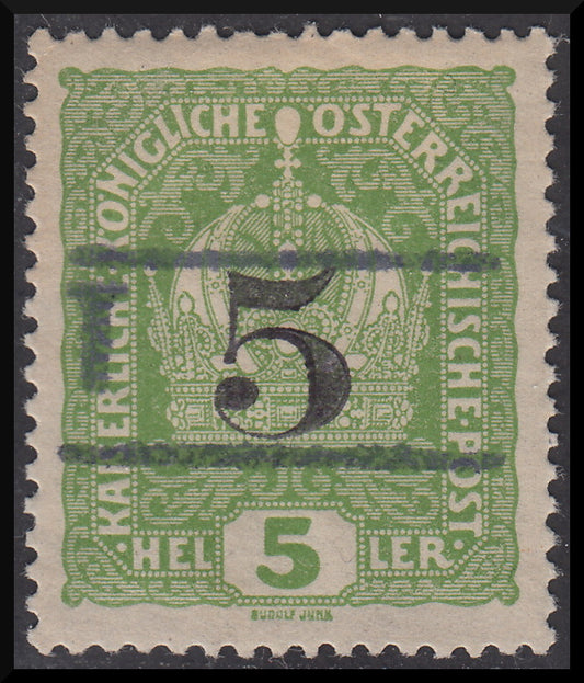BZ12 - 1918/19 - Trentino Alto Adige, ufficio di Bolzano 3, francobollo d'Austria da 5 heller verde giallo con soprastampa "T + cifra di corpo più grande tra due righe", nuovo (BZ3/1)