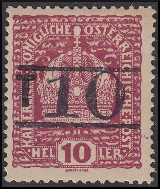 BZ13 - 1918/19 - Trentino Alto Adige, ufficio di Bolzano 3, francobollo d'Austria da 10 heller lacca con soprastampa "T + cifra di corpo più grande tra due righe", nuovo (BZ3/2)