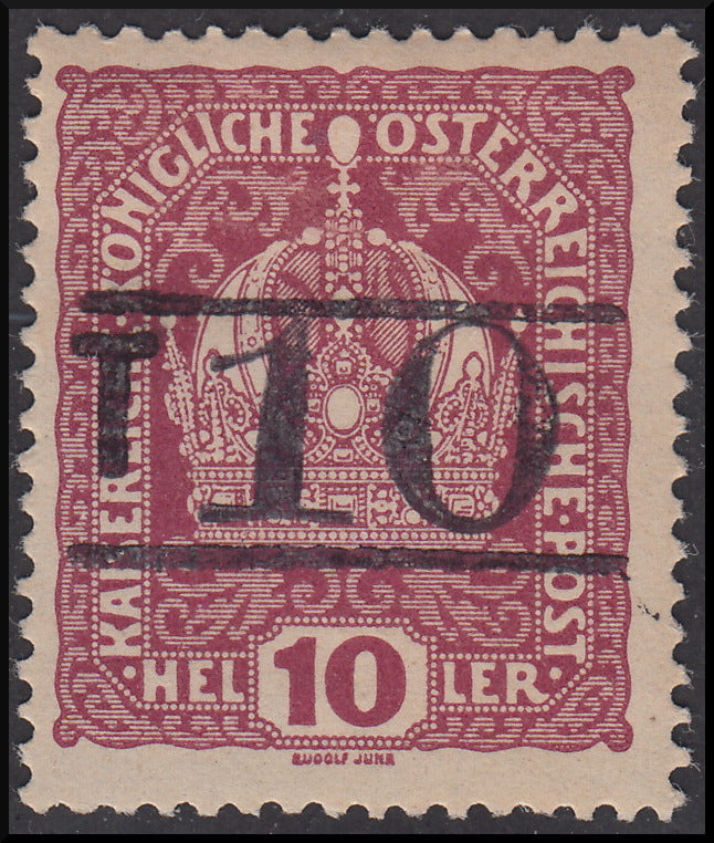 BZ13 - 1918/19 - Trentino Alto Adige, ufficio di Bolzano 3, francobollo d'Austria da 10 heller lacca con soprastampa "T + cifra di corpo più grande tra due righe", nuovo (BZ3/2)