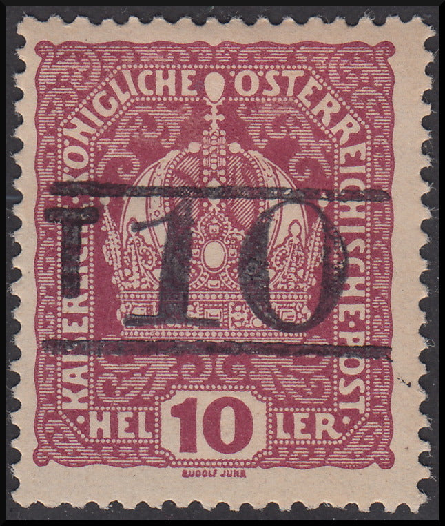 BZ13 - 1918/19 - Trentino Alto Adige, Bolzano office 3, Austrian 10 heller lacquer stamp with overprint "T + larger body digit between two lines", new (BZ3/2)