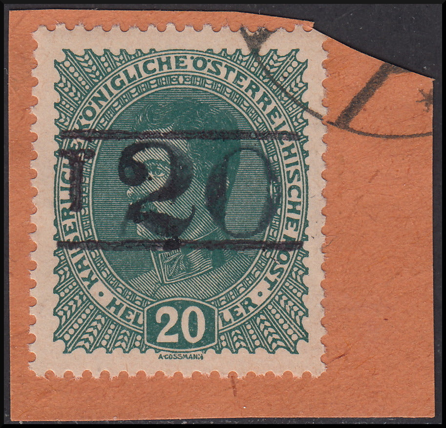 BZ15 - 1918/19 - Trentino Alto Adige, Bolzano office 3, dark green 20 heller Austrian stamp with overprint "T + larger body digit between two lines", used (BZ3/4)