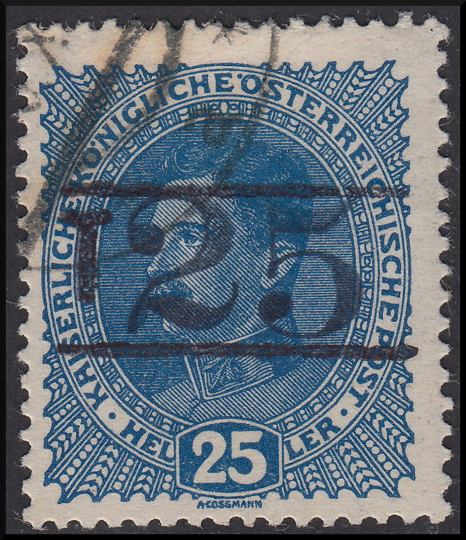 BZ16 - 1918/19 - Trentino Alto Adige, Bolzano office 3, light blue 25 heller Austrian stamp with overprint "T + larger body digit between two lines", used (BZ3/5)