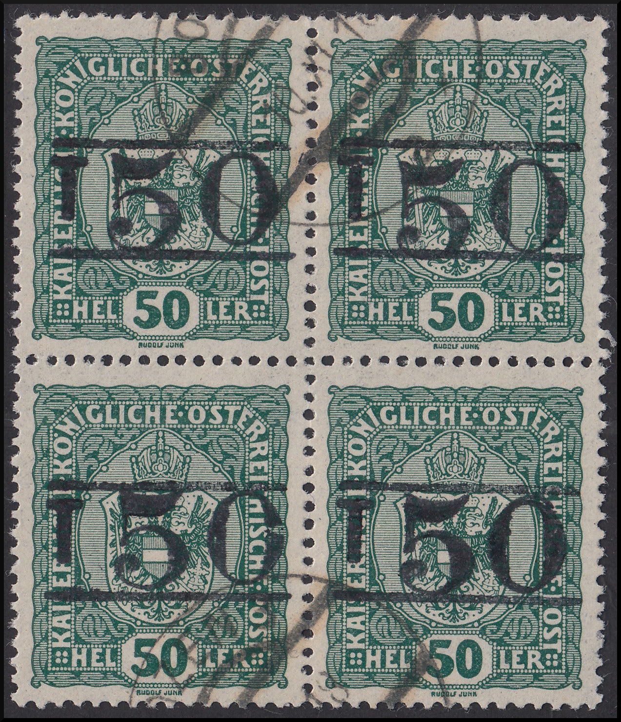 BZ20 - 1918/19 - Trentino Alto Adige, ufficio di Bolzano 3, francobollo d'Austria da 50 heller verde con soprastampa "T + cifra di corpo più grande tra due righe", blocco di quattro esemplari usato (BZ3/8)