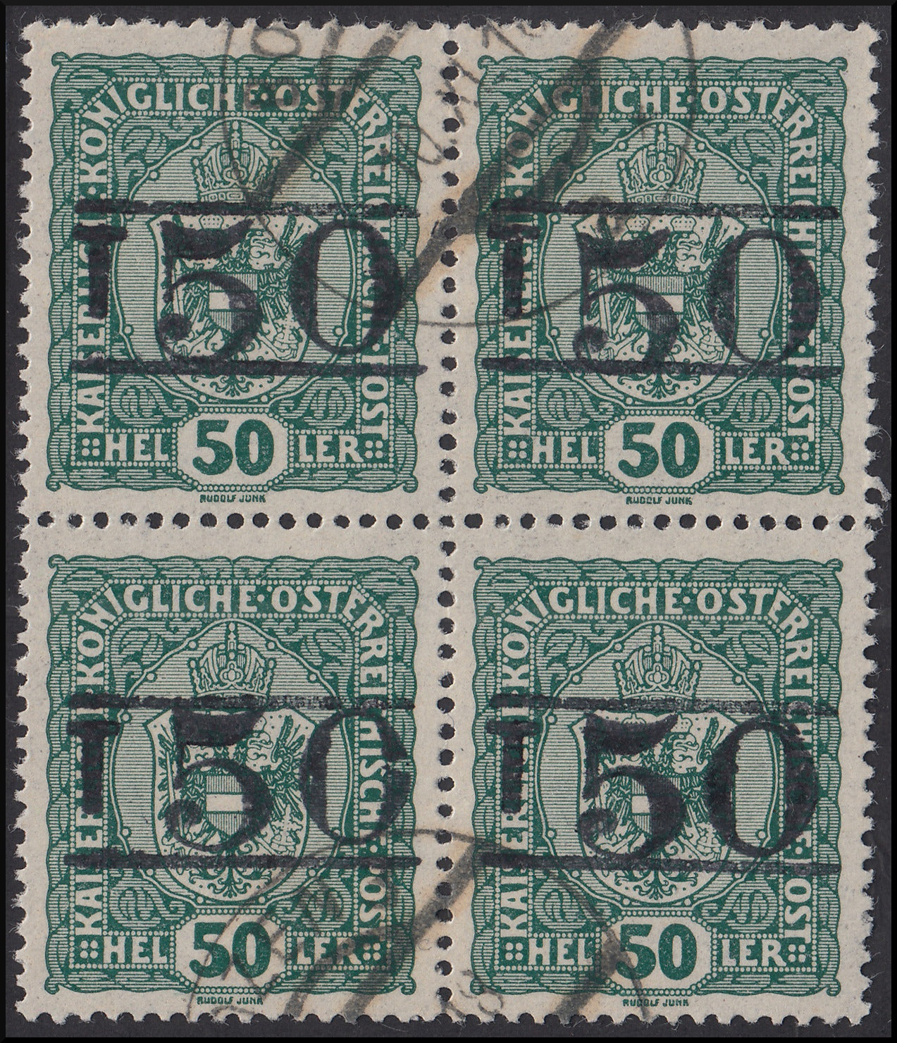 BZ19 - 1918/19 - Trentino Alto Adige, Bolzano office 3, green 50 heller Austrian stamp with overprint "T + larger body digit between two lines", used block of four copies (BZ3/8)