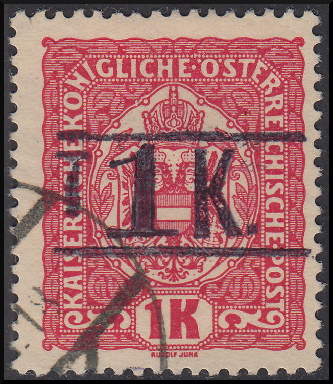 BZ19 - 1918/19 - Trentino Alto Adige, ufficio di Bolzano 3, francobollo d'Austria da 1 korona cerminio su carta gialla con soprastampa "T + cifra di corpo più grande tra due righe", usato (BZ3/9)