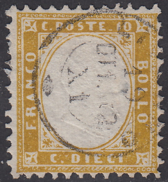 PV1958 - 1862 - Emissione Traforata, c. 10 giallo olivastro usato (1ba).