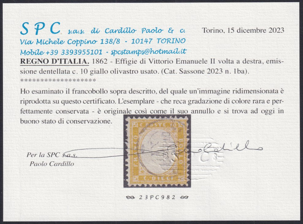 PV1958 - 1862 - Emissione Traforata, c. 10 giallo olivastro usato (1ba).