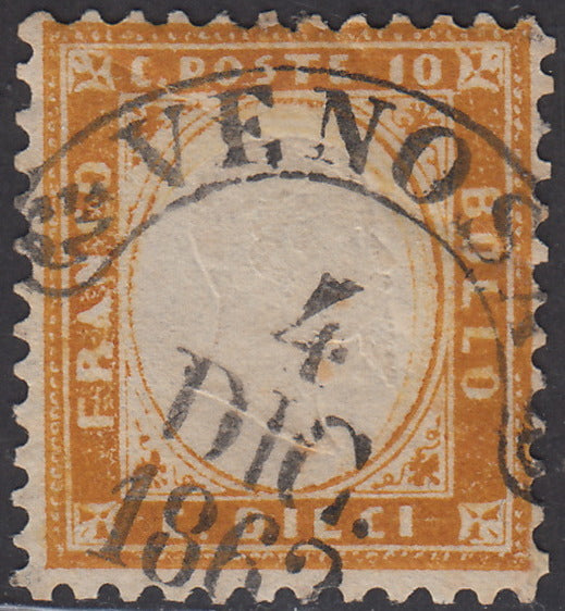 PV1977 - 1862 - Perforated issue, c. 10 used orange bistro with Bourbon cancellation from Venosa (1g).