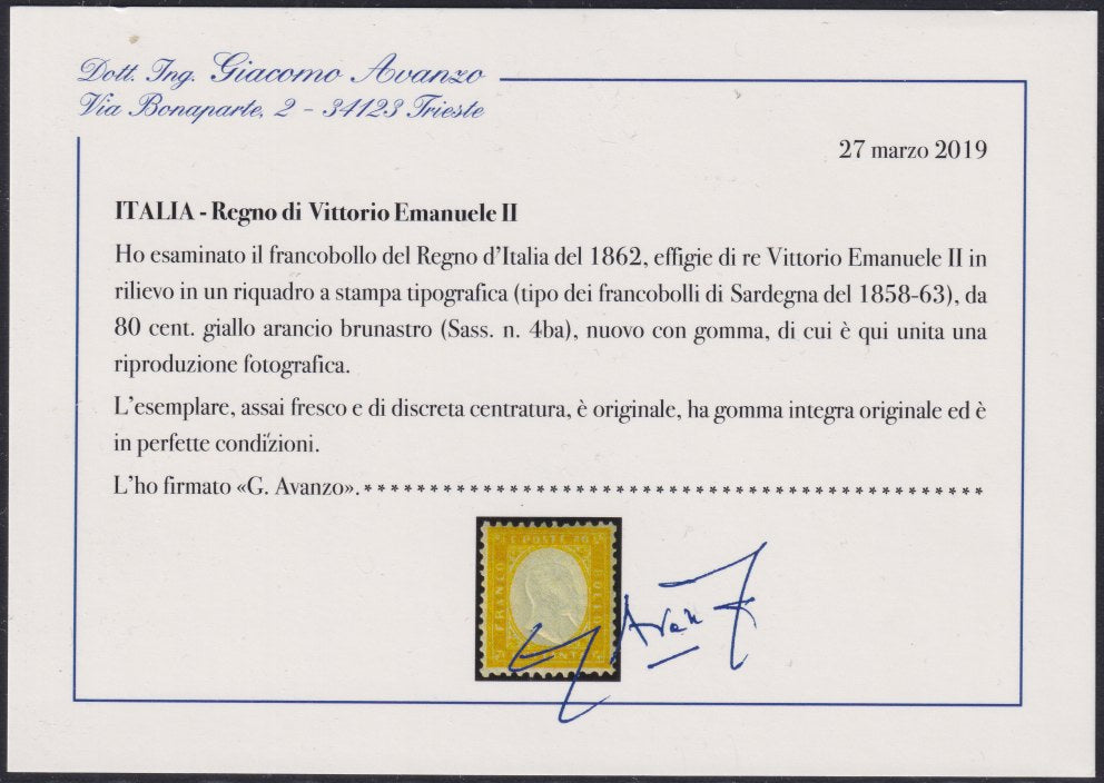 F18_44 - 1862 - Emissione dentellata, c. 80 giallo arancio brunastro nuovo con gomma originale integra e discreta centratura, uno dei due esemplari noti. (4ba).